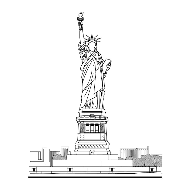 Estatua de la Libertad en blanco y negro con cara oculta en el fondo de la ciudad