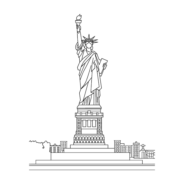 Estatua de la Libertad en blanco y negro con cara oculta en el fondo de la ciudad