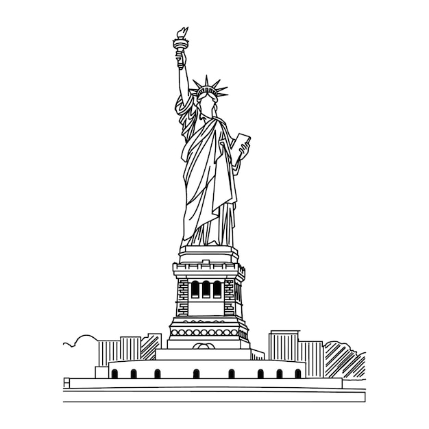 Estatua de la Libertad en blanco y negro con cara oculta en el fondo de la ciudad