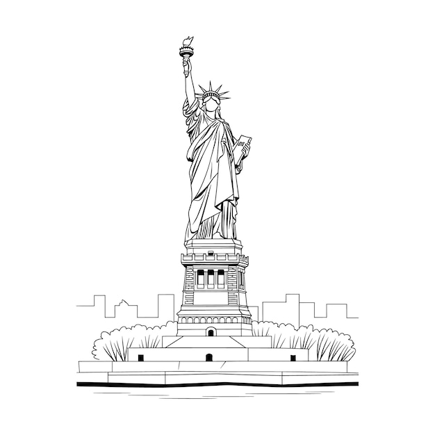 Estatua de la Libertad en blanco y negro con cara oculta en el fondo de la ciudad