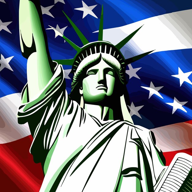Vector estatua de la libertad contra el fondo de la bandera de los estados unidos ilustración vectorial imagen patriótica adecuada para los estados unidos
