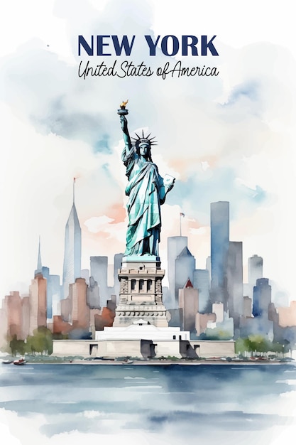 Vector la estatua de la libertad se encuentra frente al horizonte de manhattan en una ilustración de acuarela