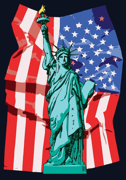 Estatua de la libertad en el fondo de la bandera de América al estilo de los gráficos artísticos
