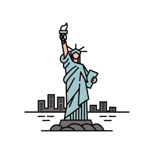 Estatua de la Libertad sosteniendo la antorcha El horizonte de la ciudad en el diseño vectorial de fondo