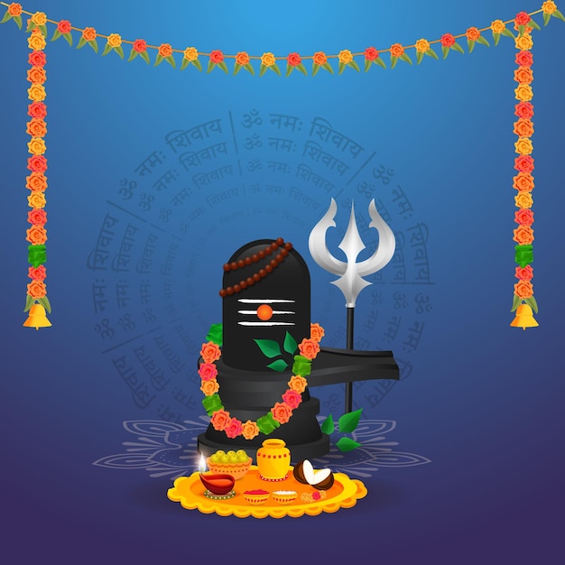 Vector la estatua de lord shiva lingam con rudraksha mala oración hindú perlas bael hojas de flor garlandia placa de adoración y trishul tridente en violet ronda om namah shivay título de texto en hindi