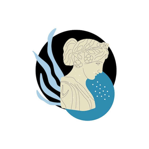 Estatua de mármol antigua Afiche contemporáneo abstracto o impresión Escultura griega o romana cabeza de mujer elementos geométricos y botánicos vector dibujos animados estilo plano ilustración aislada