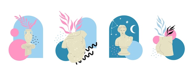 Estatua de mármol antigua Esculturas griegas o romanas dioses y diosas Partes del cuerpo y rostros dibujados a mano con textura Estatuas clásicas afiche contemporáneo abstracto o conjunto plano de dibujos animados vectoriales impresos