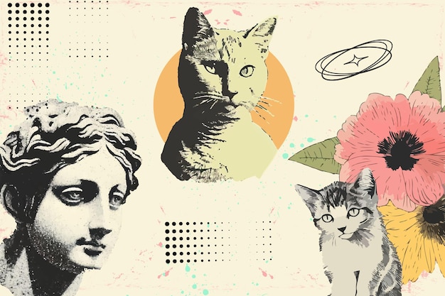 Estatuas de estética antigua y gatos con gafas de sol con efecto de fotocopia vintage monocromático