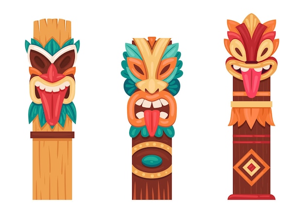 Vector estatuas de madera aborígenes tiki pole tótems rituales hawaianos y africanos tallas tradicionales esculturas planas ilustración vectorial conjunto tótems de polos indígenas étnicos