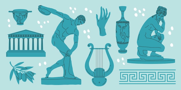 Vector estatuas de mármol griegas vector estético dibujado a mano ilustración conjunto esculturas del cuerpo humano