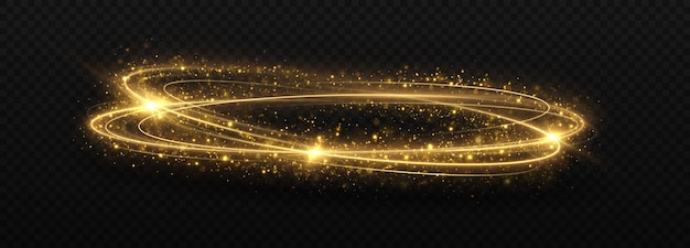 . Estela mágica de luz dorada con estrellas brillantes. Círculos de giro brillantes con efecto de luz.