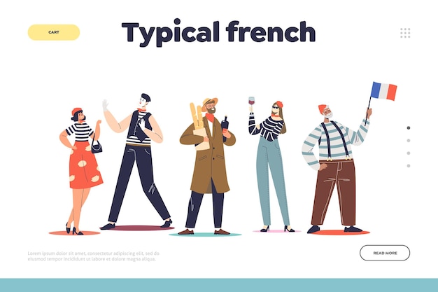 Estereotipos típicos franceses concepto de página de inicio con dibujos animados y símbolos de francia y parís. el mimo y la gente con ropa tradicional francesa sostienen vino y baguette. ilustración vectorial plana