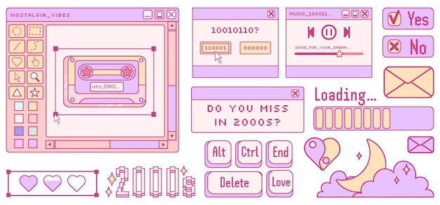Estética de computadora antigua. Elementos de pc retro kawaii, interfaz de usuario, sistema operativo, ventanas. y2k.