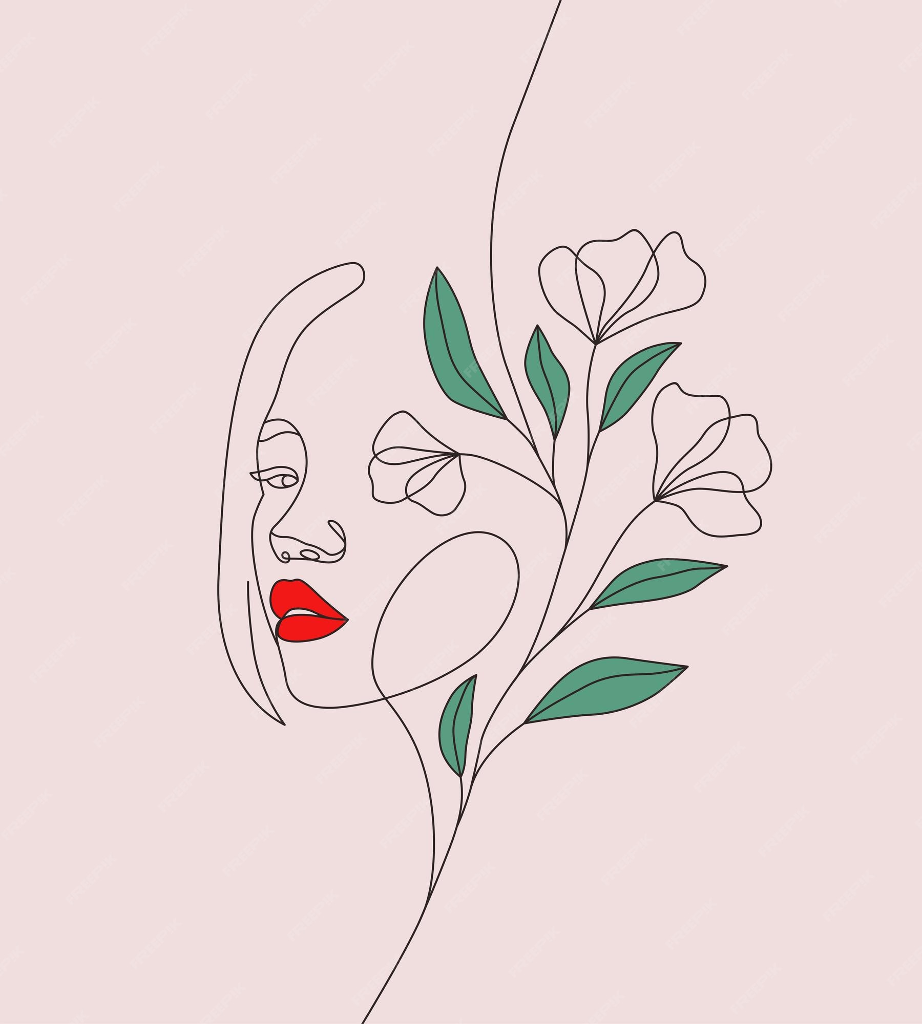 Estética mujer cara y flores vector línea arte mínimo línea arte dibujo |  Vector Premium