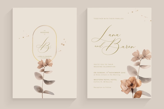 Estética plantilla de invitación de boda con acuarela floral marrón