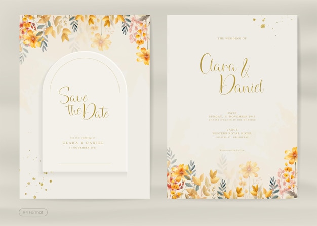 Vector estética plantilla de invitación de boda con acuarela de flores de otoño