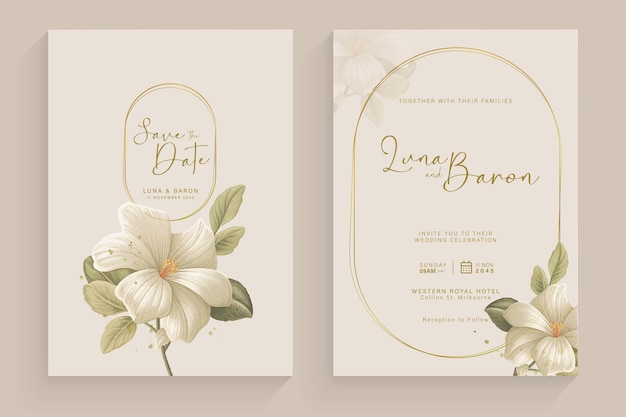 Estética plantilla de invitación de boda con arreglo de acuarela de flores blancas vintage