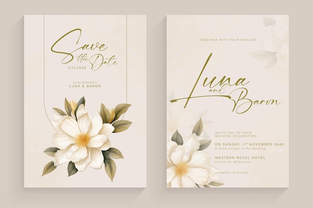 Estética plantilla de invitación de boda con arreglo de acuarela de flores blancas