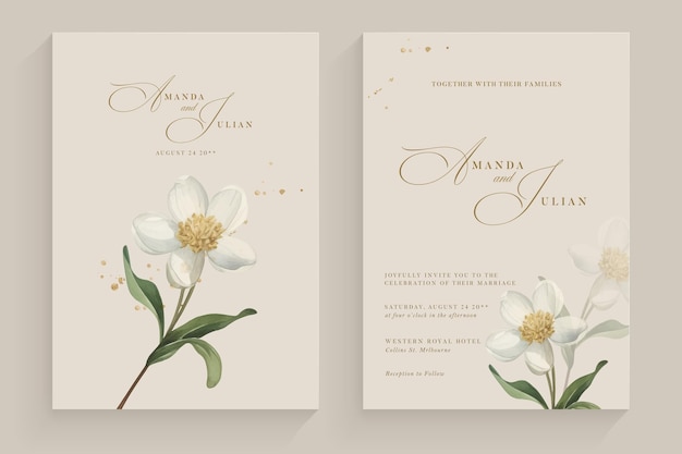 Estética plantilla de invitación de boda con arreglo de flores blancas