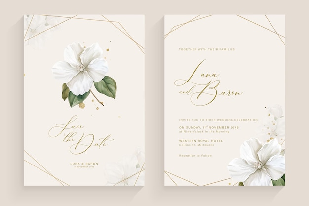 Estética plantilla de invitación de boda con arreglo de flores blancas