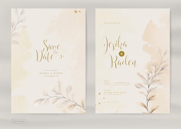 Vector estética plantilla de invitación de boda marrón con hojas elegantes acuarela