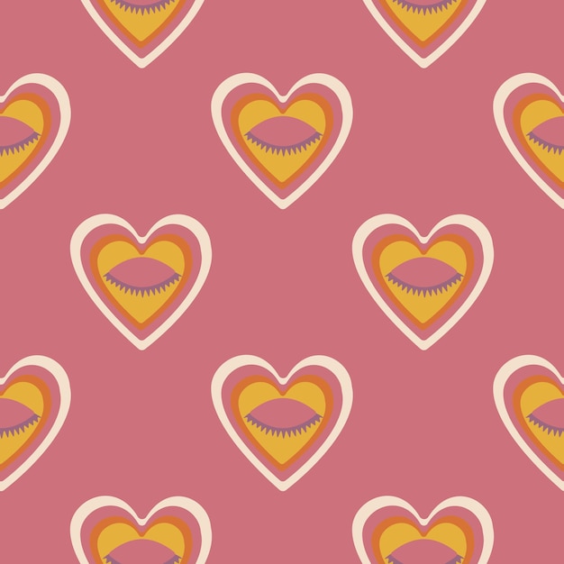Estética de la s Patrón psicodélico hippie sin fisuras. Corazones mágicos con ojos sobre fondo rosa
