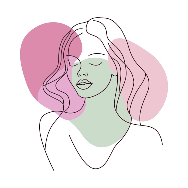 Estético hermoso rostro de niña dibujado a mano en estilo de arte de línea con color de relleno verde púrpura