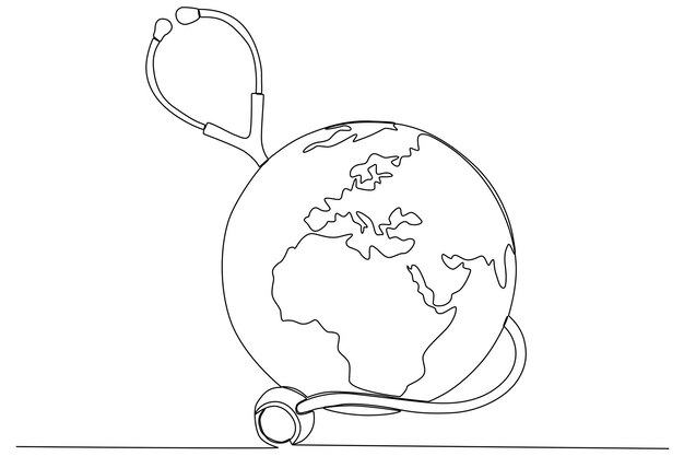 El estetoscopio y el globo terráqueo en el arte de una línea del día mundial saludable