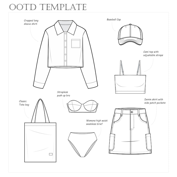 Vector estílida mini falda de denim ropa ootd plantilla técnica de la moda de la ilustración de la camisa de la falda de denim
