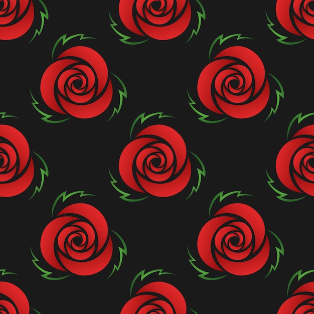 Estilizadas flores rosas degradadas rojas y leves verdes sobre fondo negro, vector de patrones sin fisuras