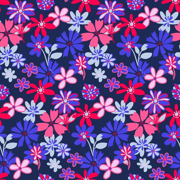 Estilizado vibrante patrón floral abstracto en un fondo oscuro Vector dibujado a mano boceto doodle