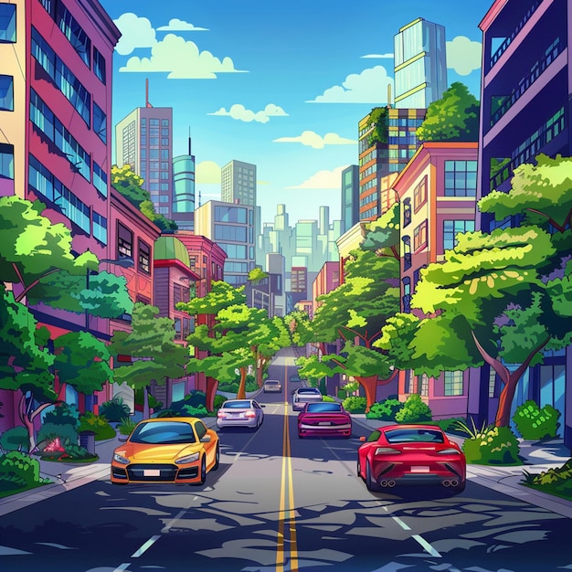 Vector estilo de animación 3d escena vectorial libre de la ciudad con automóvil de paisaje y fondo de edificio