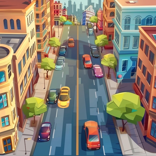 Vector estilo de animación 3d escena vectorial libre de la ciudad con automóvil de paisaje y fondo de edificio