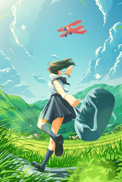 El estilo anime de una colegiala japonesa corre alegremente a casa en el campo con un zepelín volando en el cielo.