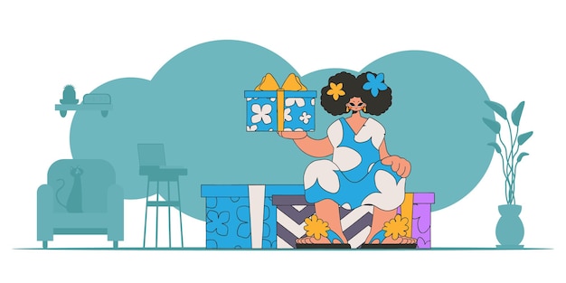 Estilo de los años 80 y 90 La chica sostiene regalos Una mujer se sienta en cajas de regalos El concepto de las vacaciones y regalos