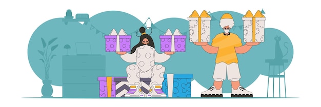 El estilo de los años 90 la chica y el chico tienen regalos el concepto de las vacaciones y regalos