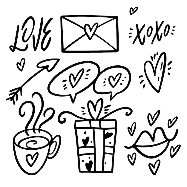 El estilo de arte de la línea de color negro Los elementos del conjunto de vacaciones del día de San Valentín