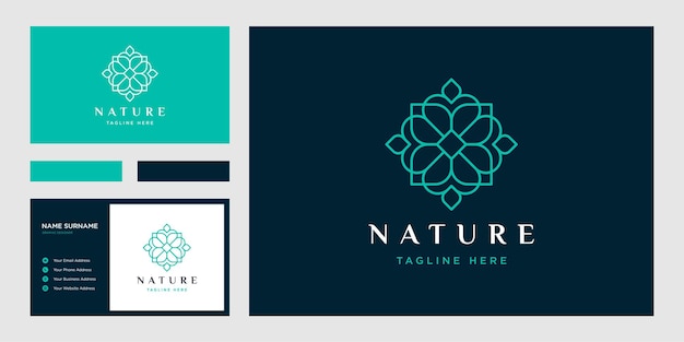 Estilo de arte de línea de flores. logotipo de círculo de lujo y plantilla de tarjeta de visita