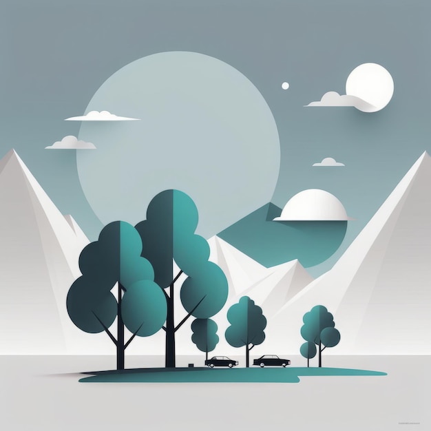 Vector estilo de arte moderno diseño de ilustración de paisaje de montaña con montañas de luna árboles montañas