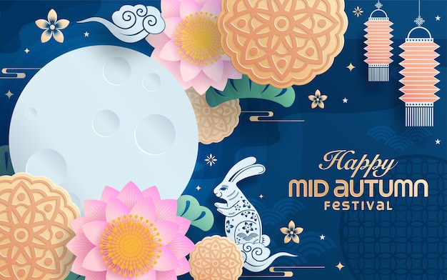 Estilo de arte de papel del festival del medio otoño con luna llena y conejos en el fondo