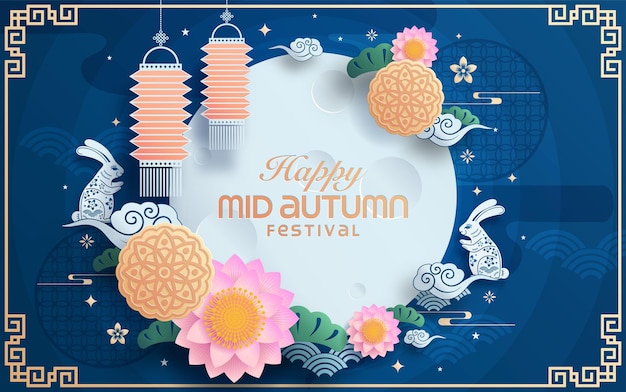 Estilo de arte de papel del festival del medio otoño con luna llena y conejos en el fondo