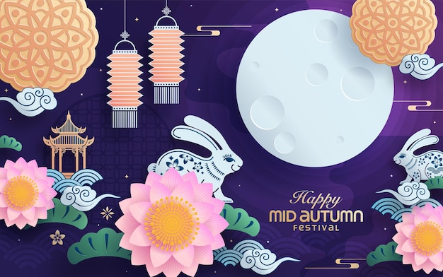 Estilo de arte de papel del festival del medio otoño con luna llena y conejos en el fondo