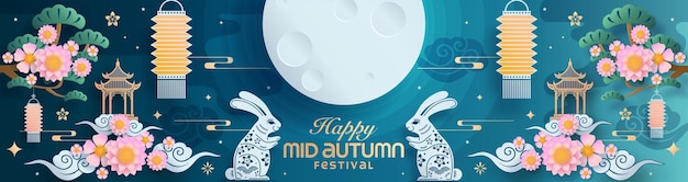 Estilo de arte de papel del festival del medio otoño con luna llena y conejos en el fondo