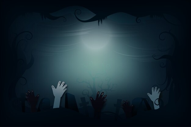 Vector estilo de arte de papel de fondo de noche espeluznante de halloween. mano de zombi que se levanta del cementerio.