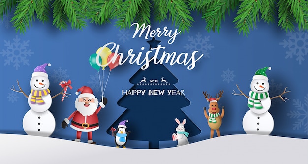Estilo de arte de papel de Santa Claus con amigos con fondo de árbol de Navidad.