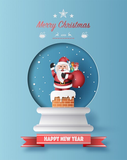 Estilo de arte de papel de Santa Claus con una bolsa llena de regalos en tarjeta de felicitación de globo de Navidad