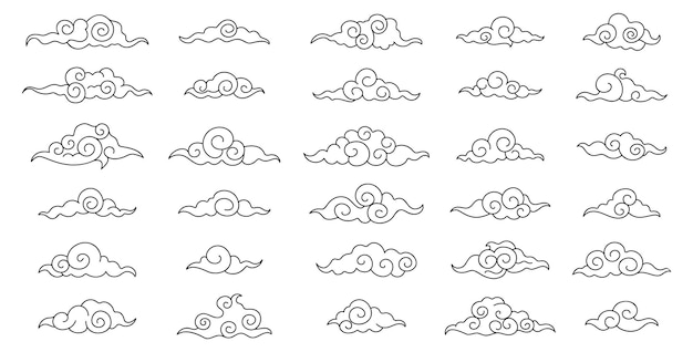 Estilo asiático nubes coreanas nubes japonesas lineales elementos orientales tradicionales dibujos asiáticos símbolos de líneas decorativas gráficos planos vectoriales decentes
