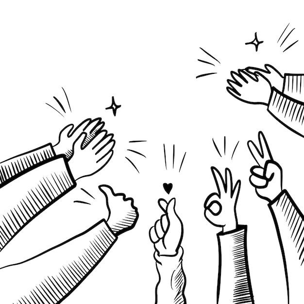 Estilo de boceto dibujado a mano de aplausos, gesto de pulgar hacia arriba. Manos humanas aplaudiendo ovación. en el estilo de dibujo, ilustración vectorial.