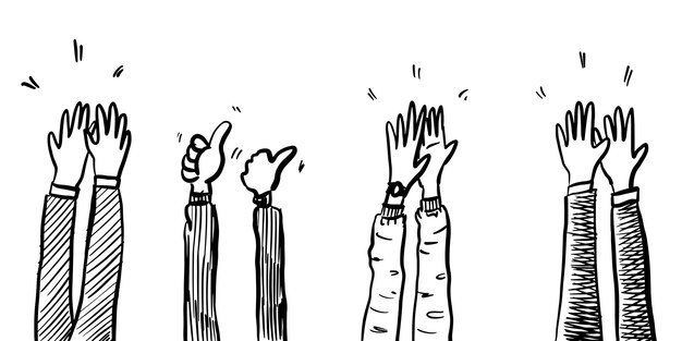 Estilo de boceto dibujado a mano de aplausos, gesto de pulgar hacia arriba. manos humanas aplaudiendo ovación. en el estilo de dibujo, ilustración vectorial.