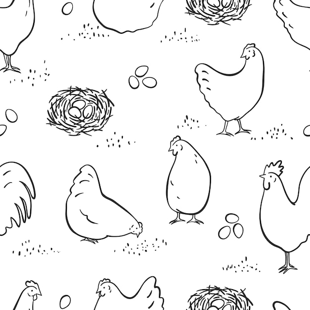 Vector estilo de boceto dibujado a mano de gallina y gallo patrón sin costuras